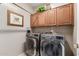 Efficient laundry room with front loading washer and dryer and ample storage at 1194 E Coyote Creek Way, San Tan Valley, AZ 85143