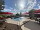 Backyard pool featuring patio, umbrellas and water feature on a sunny day at 1194 E Coyote Creek Way, San Tan Valley, AZ 85143