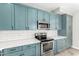 Close-up of kitchen featuring blue cabinets, subway tile backsplash, stainless steel oven, and white countertops at 16226 S 11Th Pl, Phoenix, AZ 85048