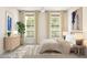 Bright bedroom with a modern aesthetic, showcasing a comfortable bed, stylish decor, and ample natural light at 2381 W Los Arboles Pl, Chandler, AZ 85224