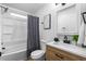 Stylish bathroom featuring updated vanity and tub/shower combination at 7836 E Juanita Ave, Mesa, AZ 85208