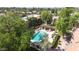 An aerial perspective shows a tranquil community pool with shaded lounge areas, inviting relaxation and leisure at 8260 E Arabian Trl # 257, Scottsdale, AZ 85258