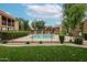 Gated pool area with manicured lawn, lush landscaping, lounge chairs, and a glimpse of nearby apartment buildings at 8260 E Arabian Trl # 257, Scottsdale, AZ 85258