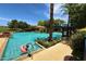 Resort-style pool with lush landscaping and ample space for relaxation and recreation under the bright blue sunny sky at 1804 E Sattoo Way, Queen Creek, AZ 85140