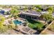 An aerial view showcases a backyard with a pool, lush lawn, garden plots and covered patio, perfect for outdoor living at 7848 E Parkview Ln, Scottsdale, AZ 85255