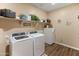 Well-organized laundry room with front load washer, dryer and ample shelving at 13806 W Remuda Dr, Peoria, AZ 85383