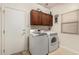 Bright laundry room featuring a modern washer and dryer, overhead cabinets, and easy access to the house at 4089 E Peach Tree Dr, Chandler, AZ 85249