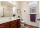 Bathroom featuring a single vanity, a framed mirror, and a shower with a curtain at 43828 W Roth Rd, Maricopa, AZ 85138