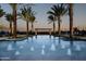 Stunning pool with fountain features surrounded by palm trees and lounge chairs at dusk at 650 E Myrtle Pass, Queen Creek, AZ 85140