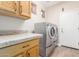 Laundry room featuring modern washer and dryer, wood cabinets and tile backsplash at 5381 S Emerald Desert Dr, Gold Canyon, AZ 85118