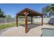 Outdoor pergola provides shade in a backyard retreat, near the pool and patio at 1001 N Quail Ln, Gilbert, AZ 85233