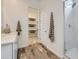 Bright bathroom featuring stylish wood-look flooring, a walk-in shower, and a convenient storage closet at 2912 E Lucky Horseshoe Ln, San Tan Valley, AZ 85140