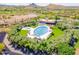 Aerial view of the community pool surrounded by lush trees and lounge chairs on a sunny day at 3171 S Hawthorn Ct, Gold Canyon, AZ 85118