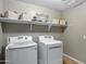 Bright laundry room with modern appliances, shelving, and stylish decor at 41311 W Elm Dr, Maricopa, AZ 85138