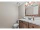 Cozy powder room featuring a single sink vanity with sleek fixtures and finishes at 8911 E Sutton Dr, Scottsdale, AZ 85260