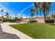 This spacious backyard features lush artificial grass and mature trees perfect for outdoor activities and relaxation at 9736 E Ironwood Dr, Scottsdale, AZ 85258