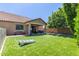 Spacious backyard with lush artificial turf, covered patio, and mature trees, perfect for entertaining at 21918 E Maya Rd, Queen Creek, AZ 85142