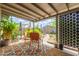 Inviting covered back patio featuring colorful rug, lounge chairs, and lovely garden views at 313 W Utopia Rd, Phoenix, AZ 85027