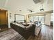 Spacious living room with large screen, dark wood floors, and neutral colors at 5304 S Wesley S Cir, Mesa, AZ 85212