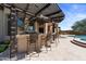 Outdoor bar area under a pergola, featuring an outdoor kitchen and poolside seating, perfect for entertaining guests at 2304 N Steele Cir, Mesa, AZ 85207