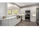 Kitchen with stainless steel appliances, white cabinets, sink view to the exterior at 32627 N 70Th St, Scottsdale, AZ 85266
