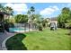 Backyard with a pool, lush lawn, a black fence, and mature landscaping at 5406 E Charleston Ave, Scottsdale, AZ 85254