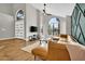 Stylish living room showcasing high ceilings, large windows, and comfortable leather seating arrangements at 5406 E Charleston Ave, Scottsdale, AZ 85254