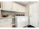 Laundry room with overhead storage cabinets and a front-loading washer and dryer set at 6128 E Portia St, Mesa, AZ 85215