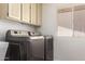 Laundry room featuring modern gray appliances, storage cabinets, and bright natural light at 8037 E Navarro Ave, Mesa, AZ 85209
