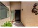 Close-up of the front entrance highlighting the door, decorative accents, and neat landscaping for a welcoming entry at 945 N Pasadena -- # 62, Mesa, AZ 85201