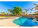 Inviting backyard pool with a rock feature and lush landscaping, perfect for relaxing and entertaining at 1779 E Kaibab Dr, Chandler, AZ 85249