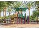 Community playground features a covered play structure, slide, and climbing area, surrounded by mature palm trees and lush landscaping at 4615 E Calistoga Dr, Gilbert, AZ 85297