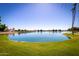 Scenic view of a tranquil lake with lush green grass, palm trees, and clear blue skies at 1633 E Lakeside Dr # 48, Gilbert, AZ 85234