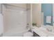 Bright bathroom featuring a shower-tub combo and a large vanity with light countertops at 20233 E Maya Rd, Queen Creek, AZ 85142