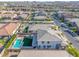 Expansive aerial view showcasing the private backyard with a pool, patio, and lush landscaping in a desirable neighborhood at 25725 S 230Th St, Queen Creek, AZ 85142