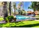 Relaxing backyard swimming pool featuring lounge chairs, tall palm trees, and lush green grass at 4203 E Hazelwood St, Phoenix, AZ 85018