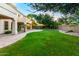Beautiful backyard with a well-manicured lawn, mature trees, and a stone-paved patio at 4494 E Reins Rd, Gilbert, AZ 85297