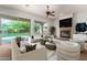 Bright living room with ample seating, a fireplace, and a sliding glass door leading to the outdoor area at 4494 E Reins Rd, Gilbert, AZ 85297