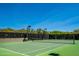 Outdoor tennis court with a green surface, surrounded by lush trees, and netting at 9087 E Mountain Spring Rd, Scottsdale, AZ 85255