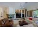 Comfortable living room with a stone fireplace and large windows overlooking the yard at 6714 E Amber Sun Dr, Scottsdale, AZ 85266