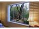Window provides a view of a desert garden with native plants, rock features, and a privacy fence at 6714 E Amber Sun Dr, Scottsdale, AZ 85266