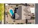 Aerial view of private backyard with kidney-shaped pool, artificial turf, desert landscape, and covered patio at 1019 N Tambor Cir, Mesa, AZ 85207