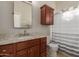 Bathroom features a granite countertop, a decorative mirror, and a cabinet above the toilet at 1019 N Tambor Cir, Mesa, AZ 85207