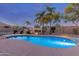 Private backyard showcasing a sparkling pool surrounded by desert landscaping and mature palm trees under a twilight sky at 1019 N Tambor Cir, Mesa, AZ 85207