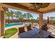 Relaxing covered outdoor living with built in fireplace, dining, and a sparkling pool at 1019 N Tambor Cir, Mesa, AZ 85207