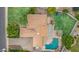 Overhead shot of home featuring a pool, manicured lawn, and outdoor patio at 2431 E Laurel St, Mesa, AZ 85213