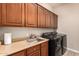 Convenient laundry room features a sink, cabinet storage, and modern black washer and dryer units at 41715 N River Bend Rd, Phoenix, AZ 85086