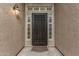 Close-up of secure front door with decorative security screen, sidelights, and overhead window at 4620 E Desert Cactus St, Phoenix, AZ 85032