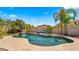 Inviting backyard oasis with a sparkling pool, waterfall feature, and lush landscaping at 4865 S Cylinder Way, Mesa, AZ 85212