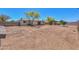 Large dirt backyard with mature trees, storage shed, and fenced perimeter at 6502 E Rustic Dr, Mesa, AZ 85215